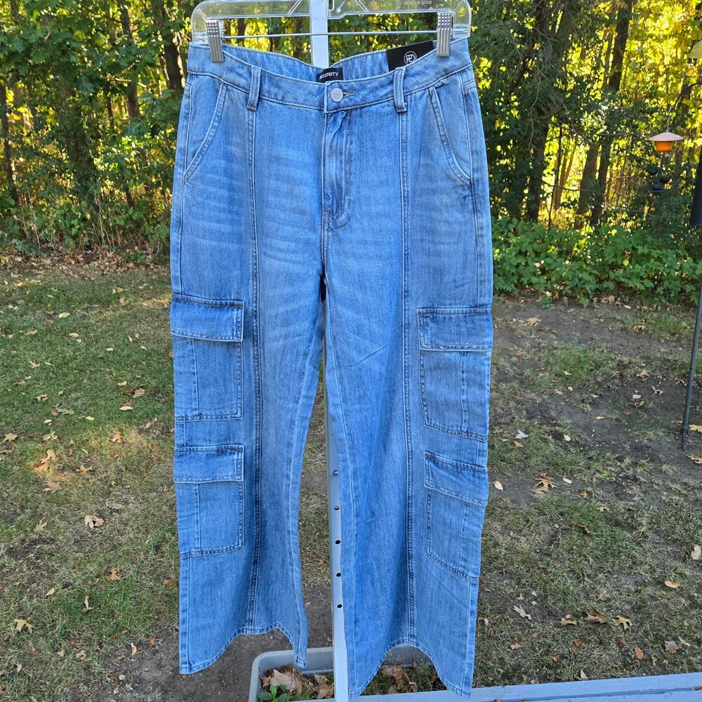 NWT Prosperity Cargo Jean Blue Utility High Rise Wide Straight Seam Detail sz 29 - Picture 3 of 16